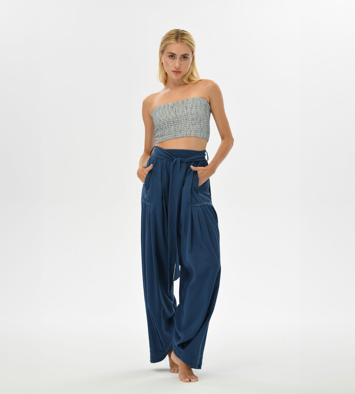 Boho yoga pants in blue, crafted from breathable cotton, perfect for women seeking a stylish yet comfortable casual look.