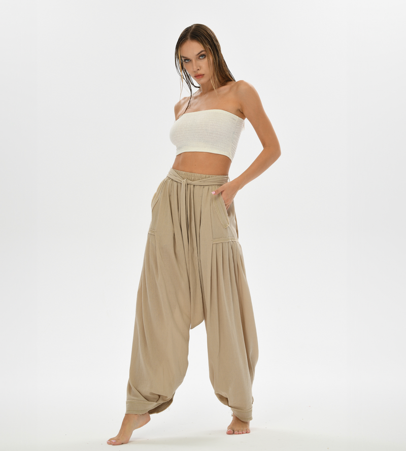 Relaxed fit boho pants in beige, made from breathable cotton, perfect for women’s daily wear, lounging, or festival fashion.