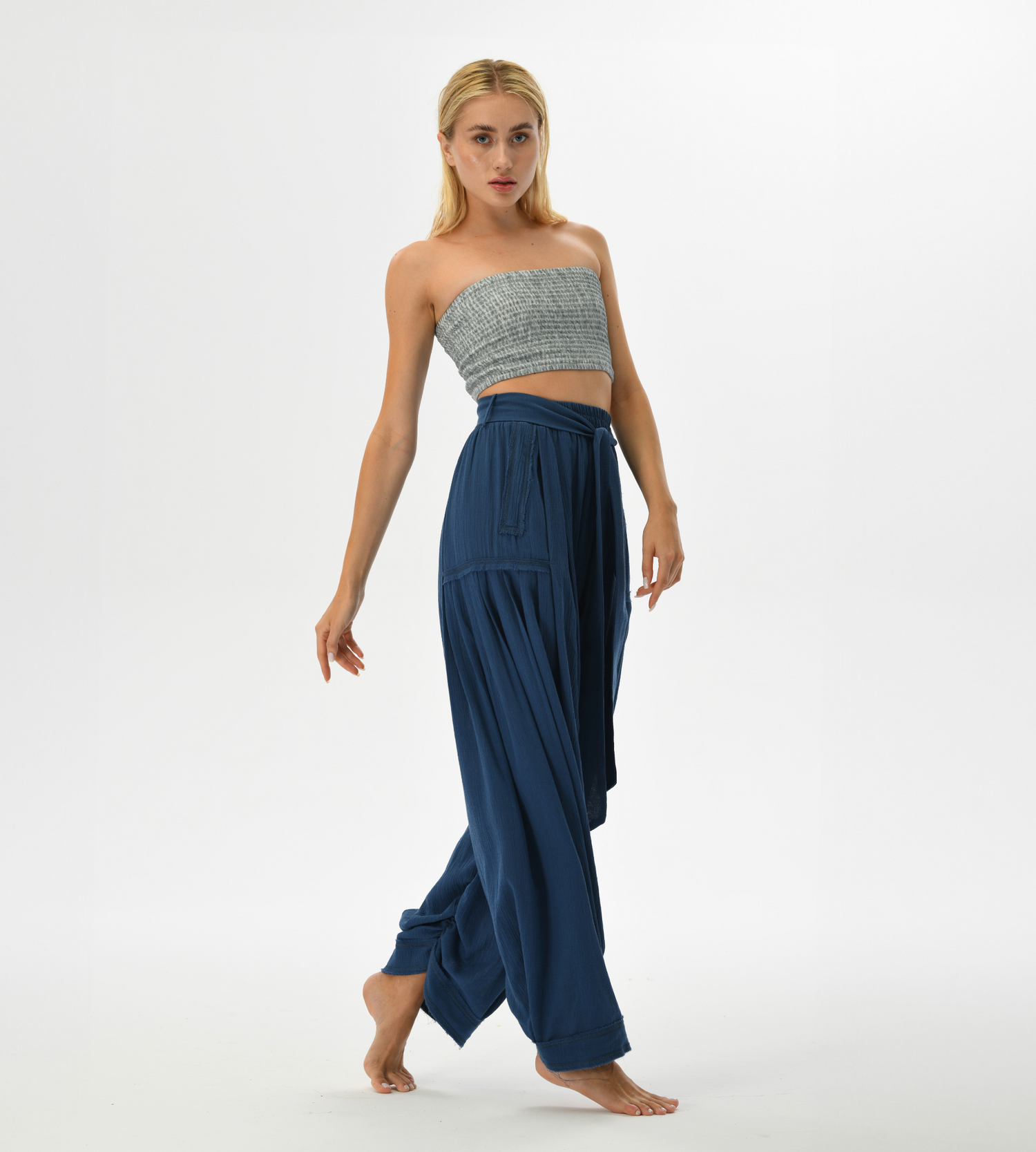 Blue boho harem pants for women, featuring a loose fit and comfy cotton fabric, ideal for yoga, casual wear, or festivals.