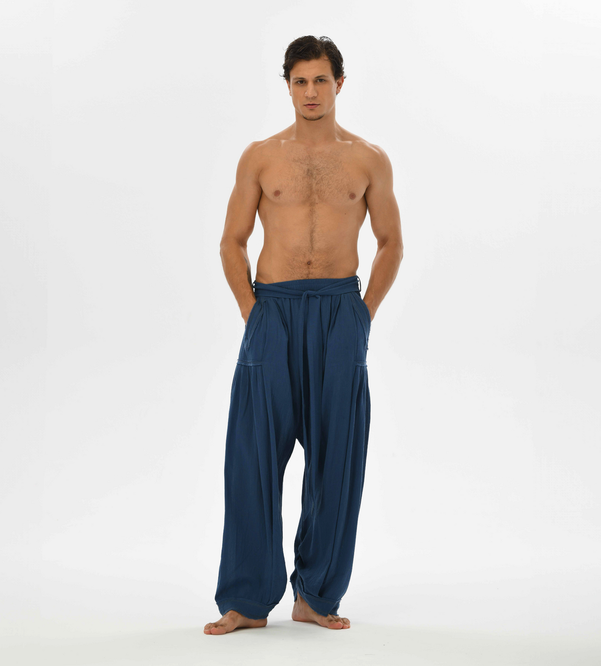 Comfy loose harem trousers for men in blue, made from soft cotton, ideal for casual outings, yoga, or lounging.