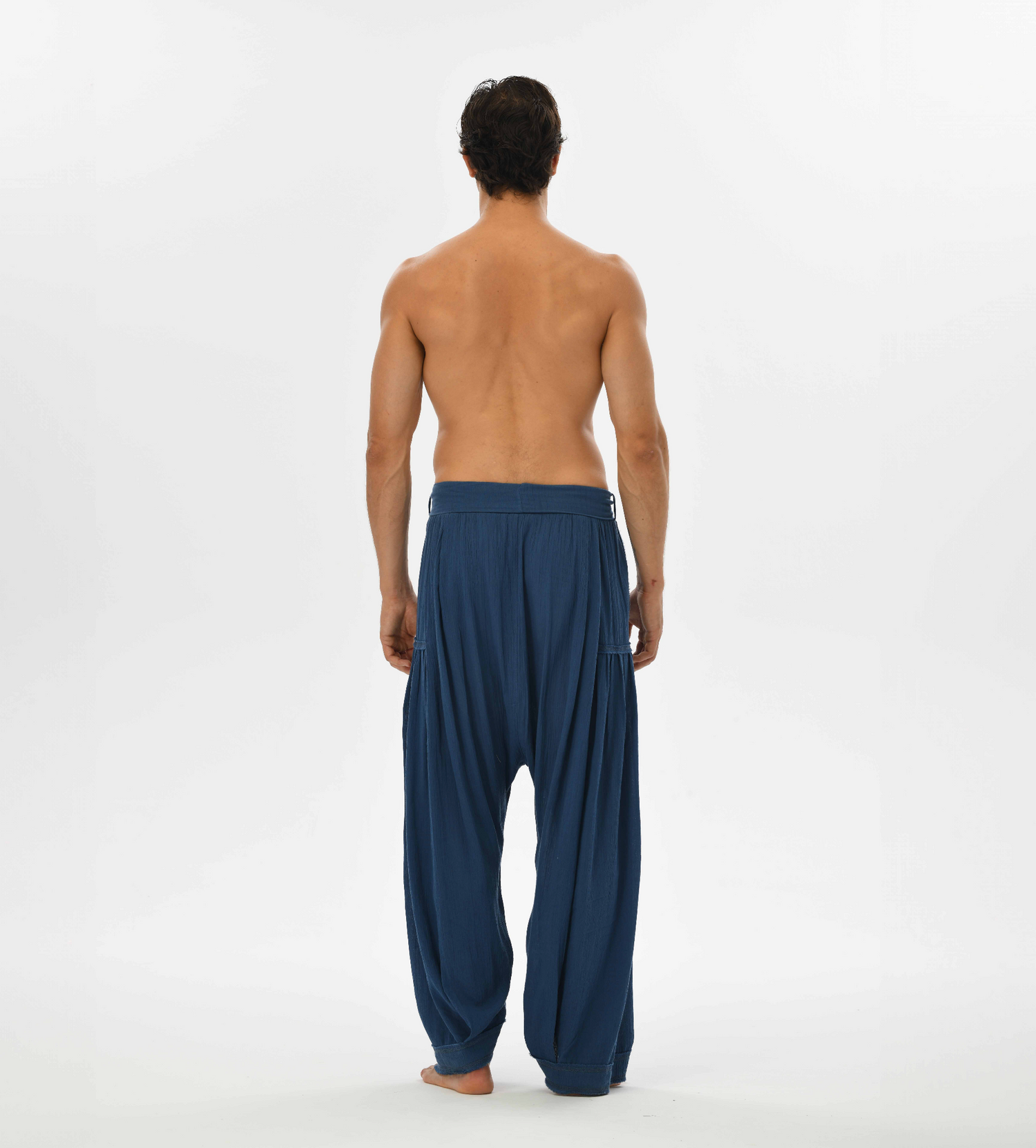 Comfy loose harem trousers for men in blue, made from soft cotton, ideal for casual outings, yoga, or lounging.