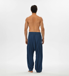 Comfy loose harem trousers for men in blue, made from soft cotton, ideal for casual outings, yoga, or lounging.