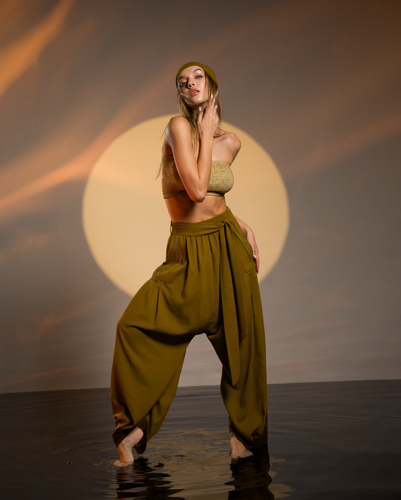 Relaxed fit boho pants in brown, made from breathable cotton, perfect for yoga, lounging, or everyday bohemian fashion.