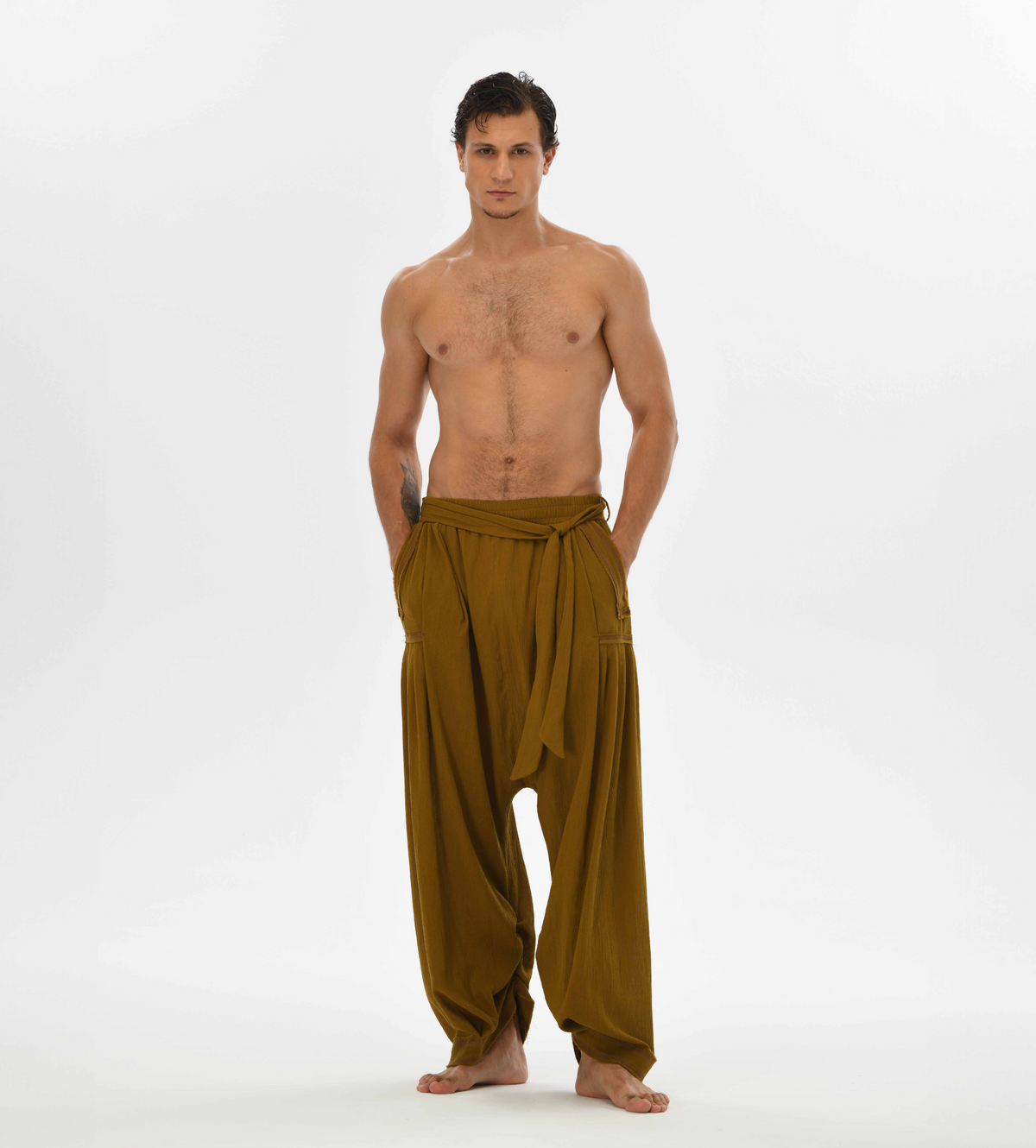 Comfy brown yoga pants for men, crafted from soft cotton with a loose fit, ideal for casual wear, lounging, or festivals.