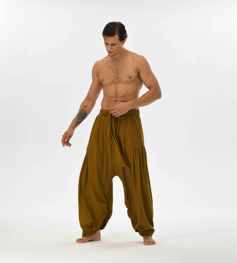 Relaxed fit brown harem pants for men, made from soft cotton, perfect for daily wear, lounging, or yoga practice.