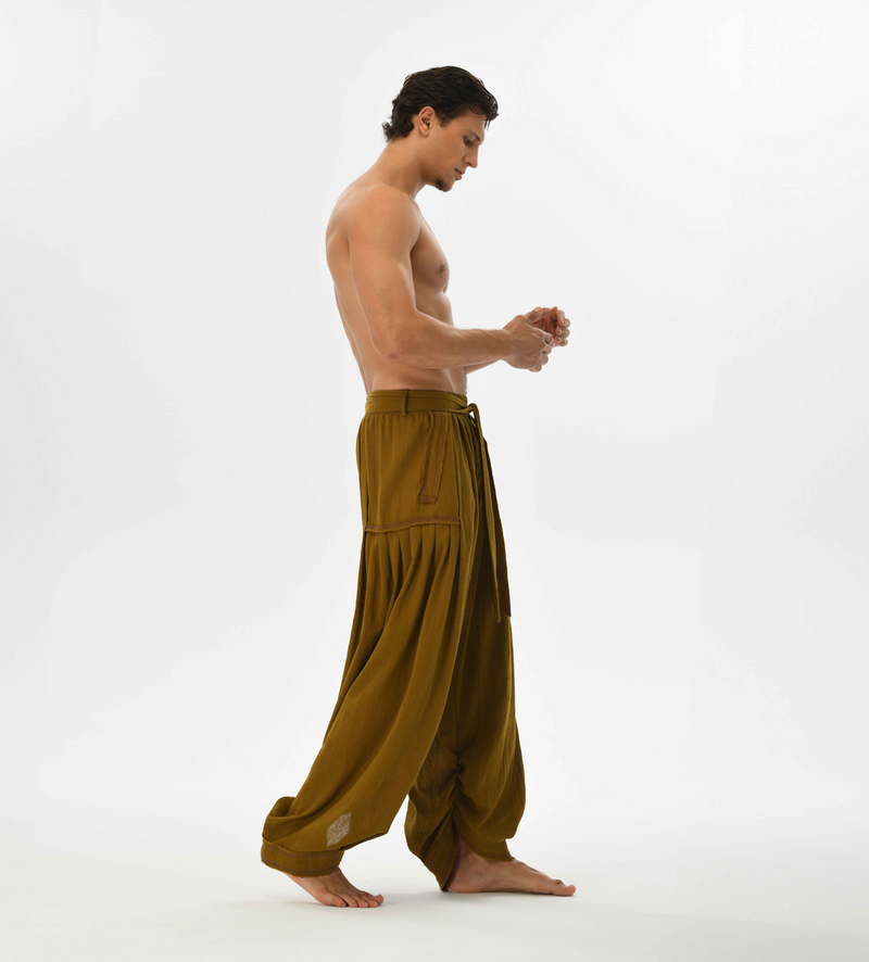 Men’s brown harem pants, crafted from cotton for casual wear, yoga, or boho chic style, offering a loose, comfy fit.