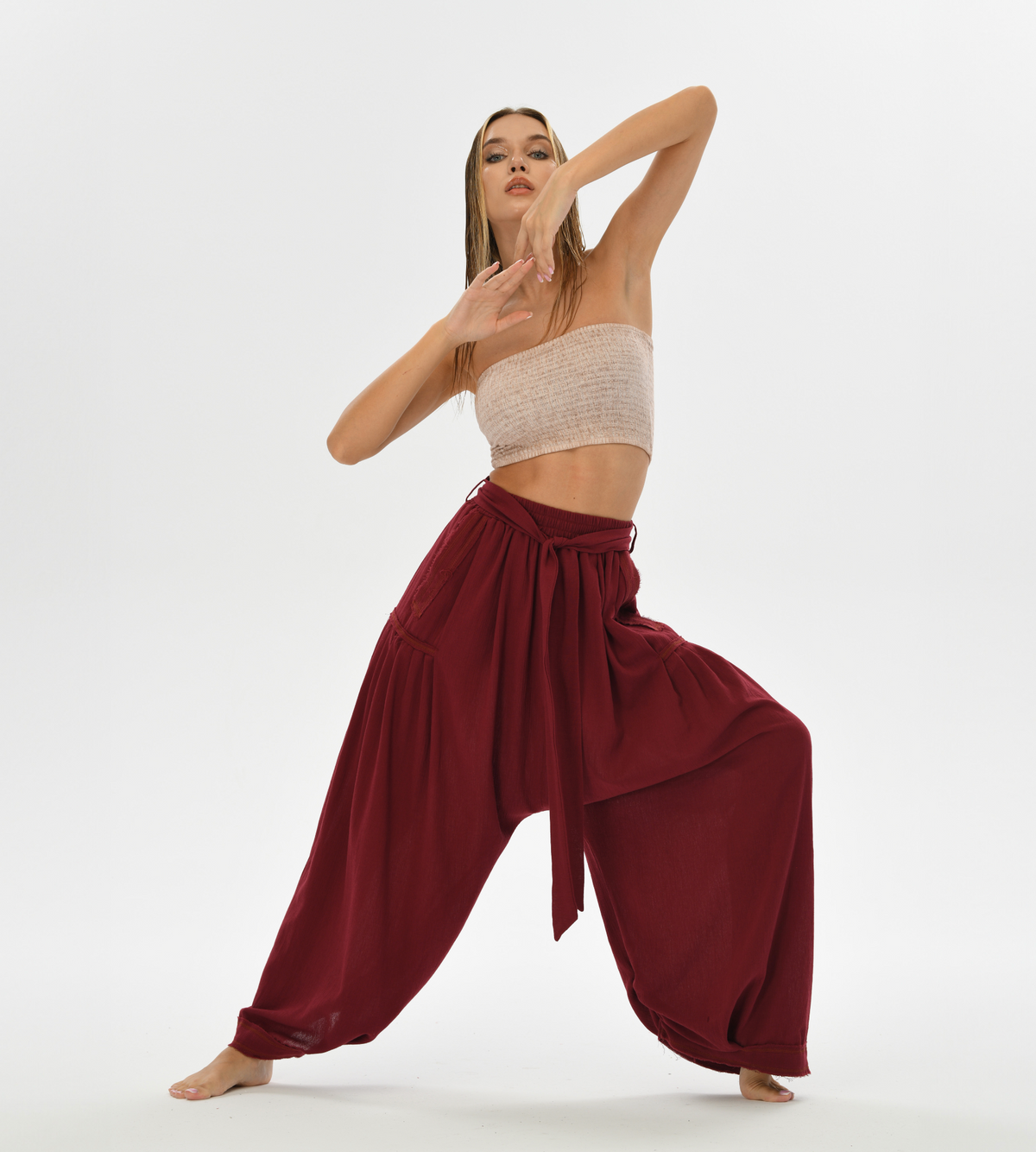 Red boho dancer pants, crafted from soft cotton, with a comfy loose fit, perfect for yoga, daily wear, or casual boho chic outfits.