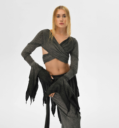 Ethereal bohemian crop top with an open back and flowy fairy sleeves, perfect for festivals, casual wear, or boho chic outfits.