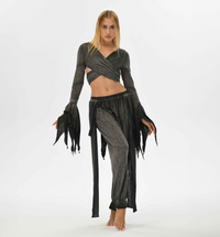 Charcoal fairy bolero top with flowy sleeves and open back design, perfect for festivals, casual boho looks, or ethereal fashion.