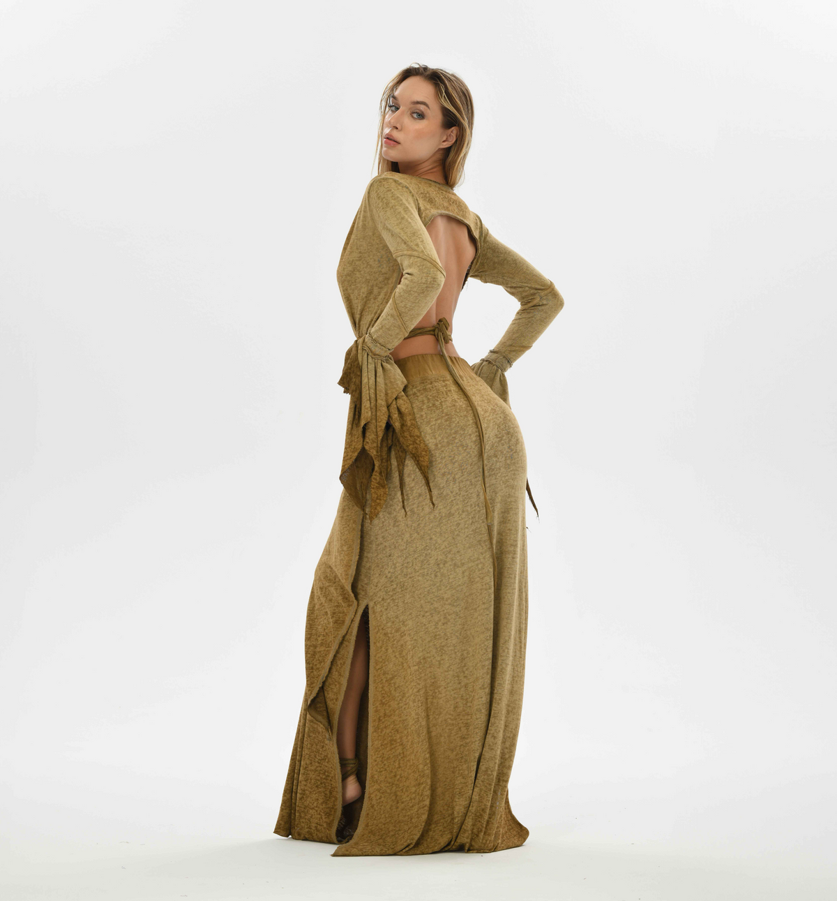 Brown boho bolero top with an open back, tie-front design, and flowy fairy sleeves, perfect for casual or festival wear.