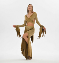 Earthy bohemian crop top with an open back and flowy fairy sleeves, perfect for festivals, casual wear, or boho chic outfits.