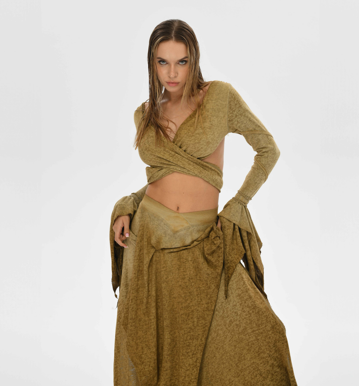 Earthy bohemian crop top with an open back and flowy fairy sleeves, perfect for festivals, casual wear, or boho chic outfits.