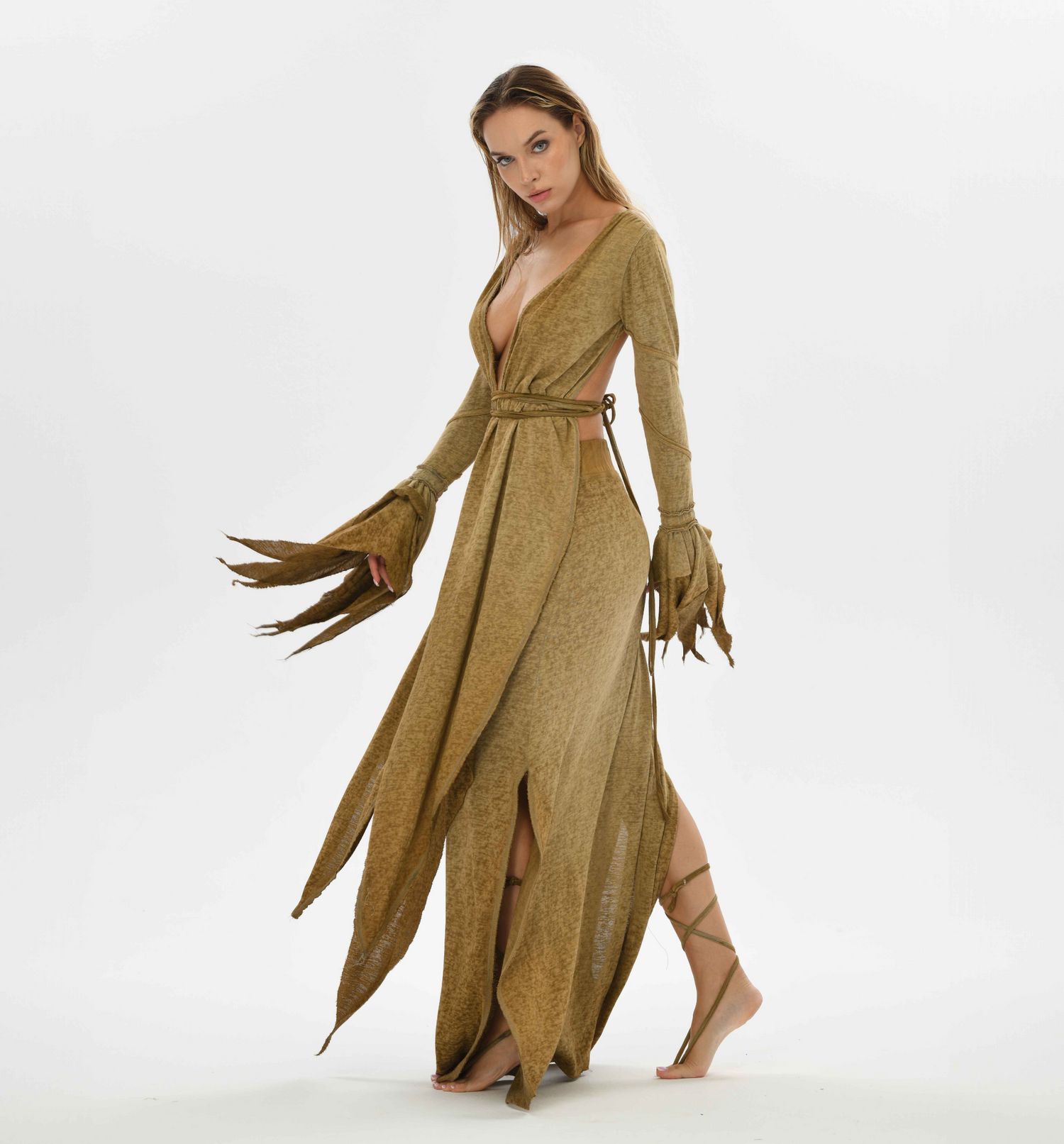 Boho bolero top in desert sand, featuring an open back and fairy-inspired sleeves, ideal for bohemian and fairy-style outfits.