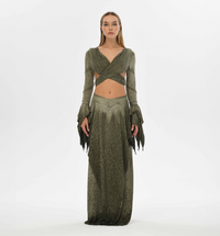 Sexy boho bolero top with an open back and flowy fairy sleeves, designed in green, perfect for layering or casual wear.