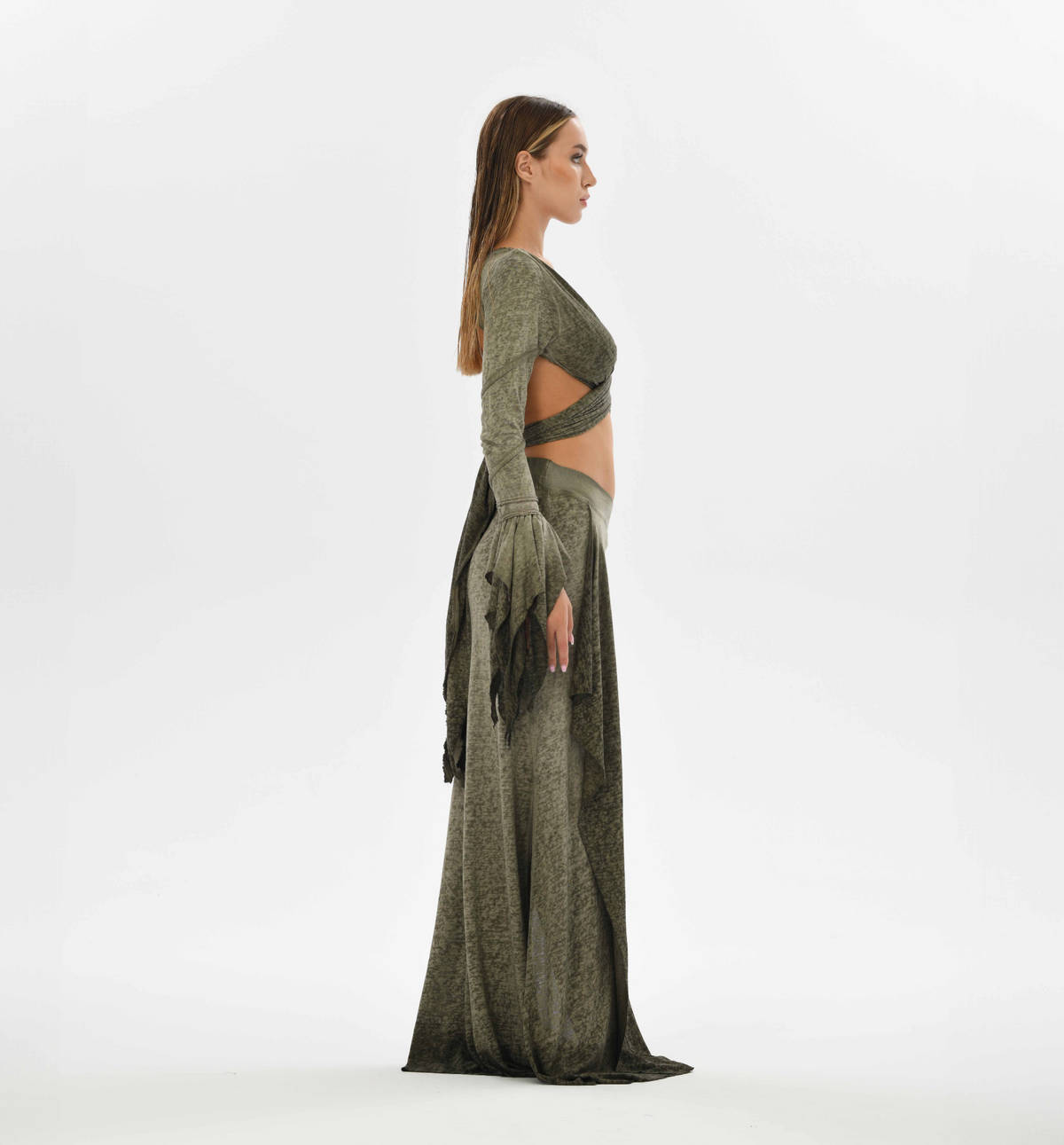 Open back boho bolero top in green with fairy-like flowy sleeves, ideal for layering over dresses or pairing with high-waisted pants.