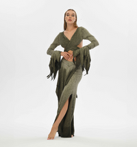 Open back boho bolero top in green with fairy-like flowy sleeves, ideal for layering over dresses or pairing with high-waisted pants.