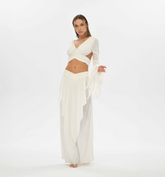 White boho bolero top with an open back, tie-front design, and flowy fairy sleeves, perfect for casual or festival wear.