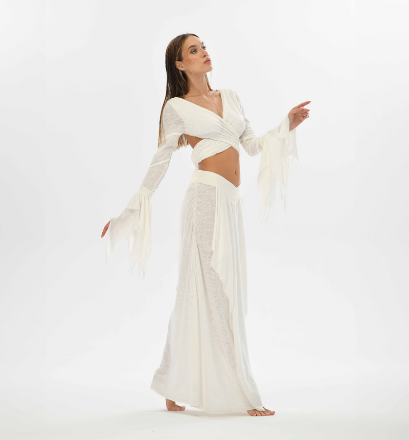 White fairy bolero top with flowy sleeves and open back design, perfect for festivals, casual boho looks, or ethereal fashion.