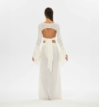 Fairy-inspired boho top in white, featuring flowy sleeves and open back for a sexy and mystical look, perfect for festivals.