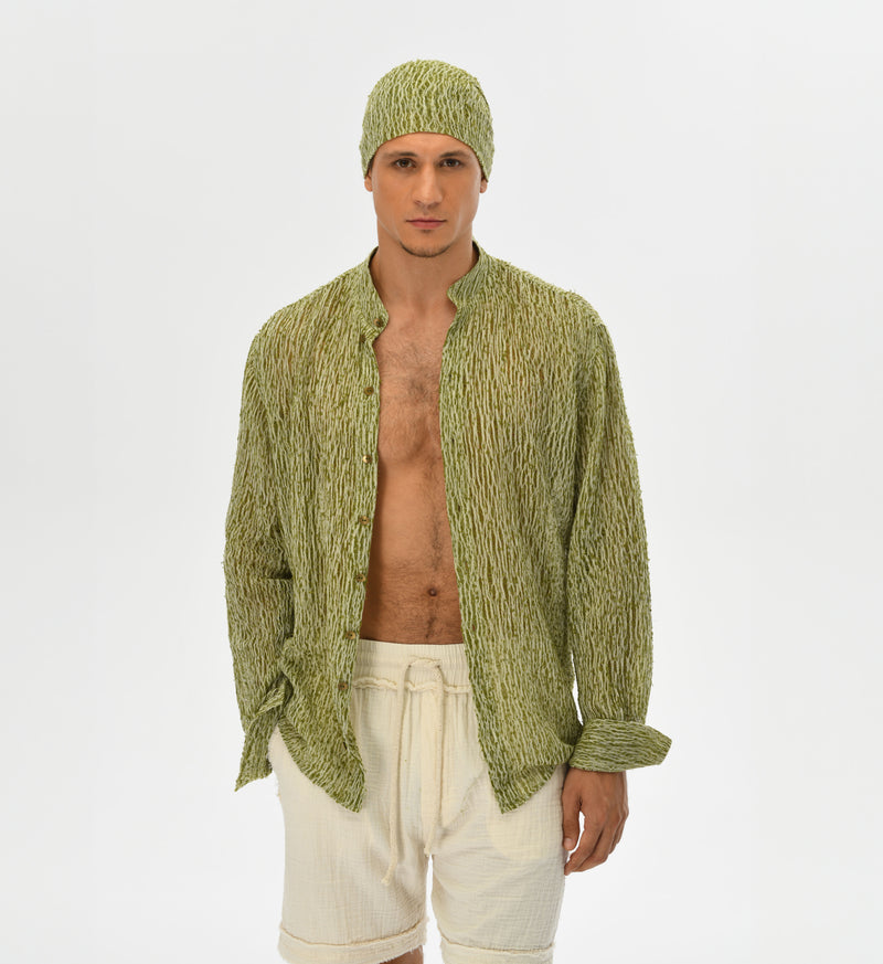 Bohemian menswear shirt in green and white, with handwoven raw cotton fabric. Ideal for festival fashion, formal events, or casual boho style.