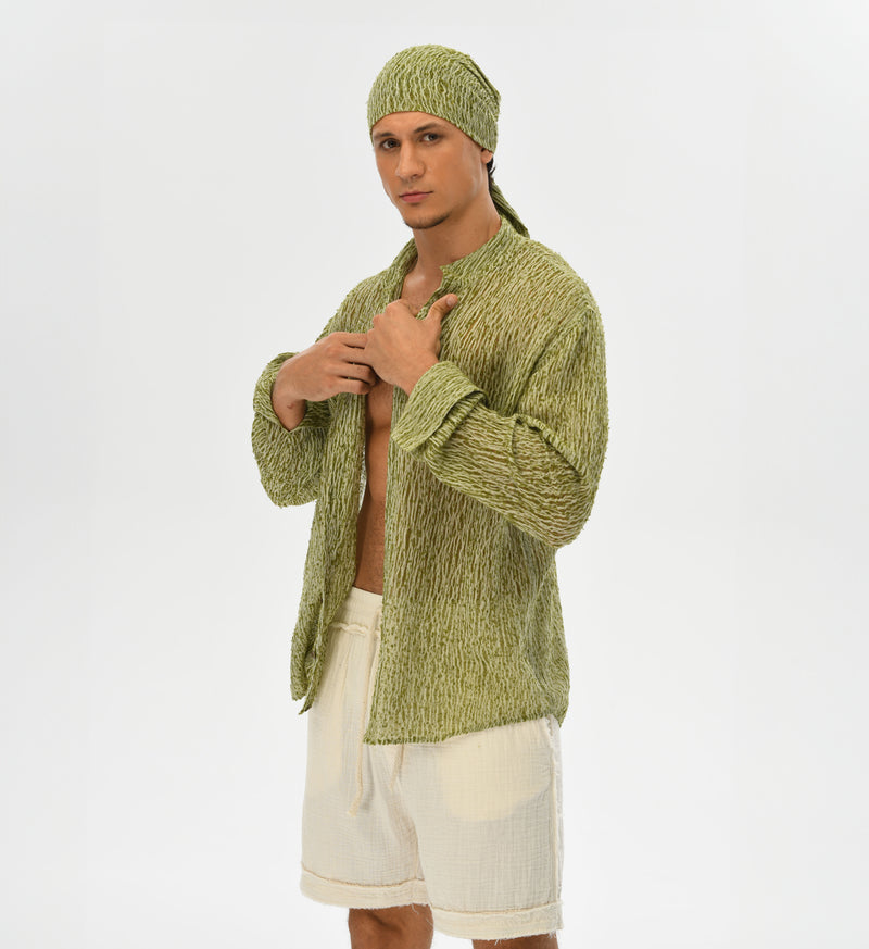 Eco-friendly green and white men’s shirt, featuring handwoven raw cotton for boho style. Great for resort wear, formal events, or casual looks.