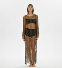 Boho-chic crochet dress with matching headpiece, crafted from soft acrylic yarn with gold details for a regal look.