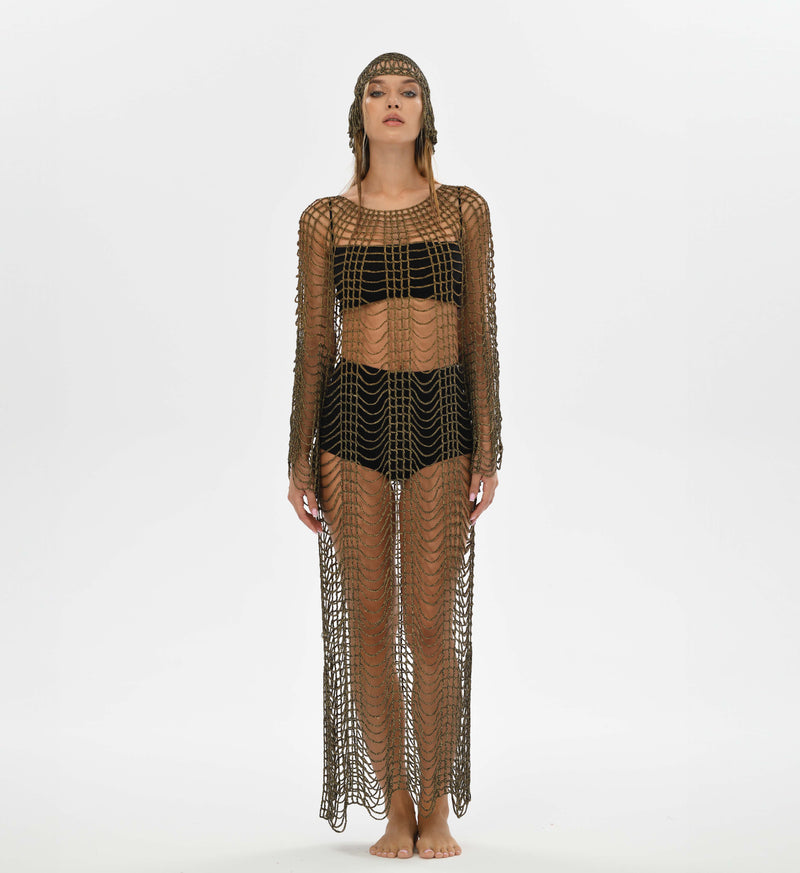 Boho-chic crochet dress with matching headpiece, crafted from soft acrylic yarn with gold details for a regal look.