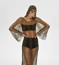 Golden crochet dress with matching headpiece, featuring a flowy, see-through design for a sexy yet elegant boho style.