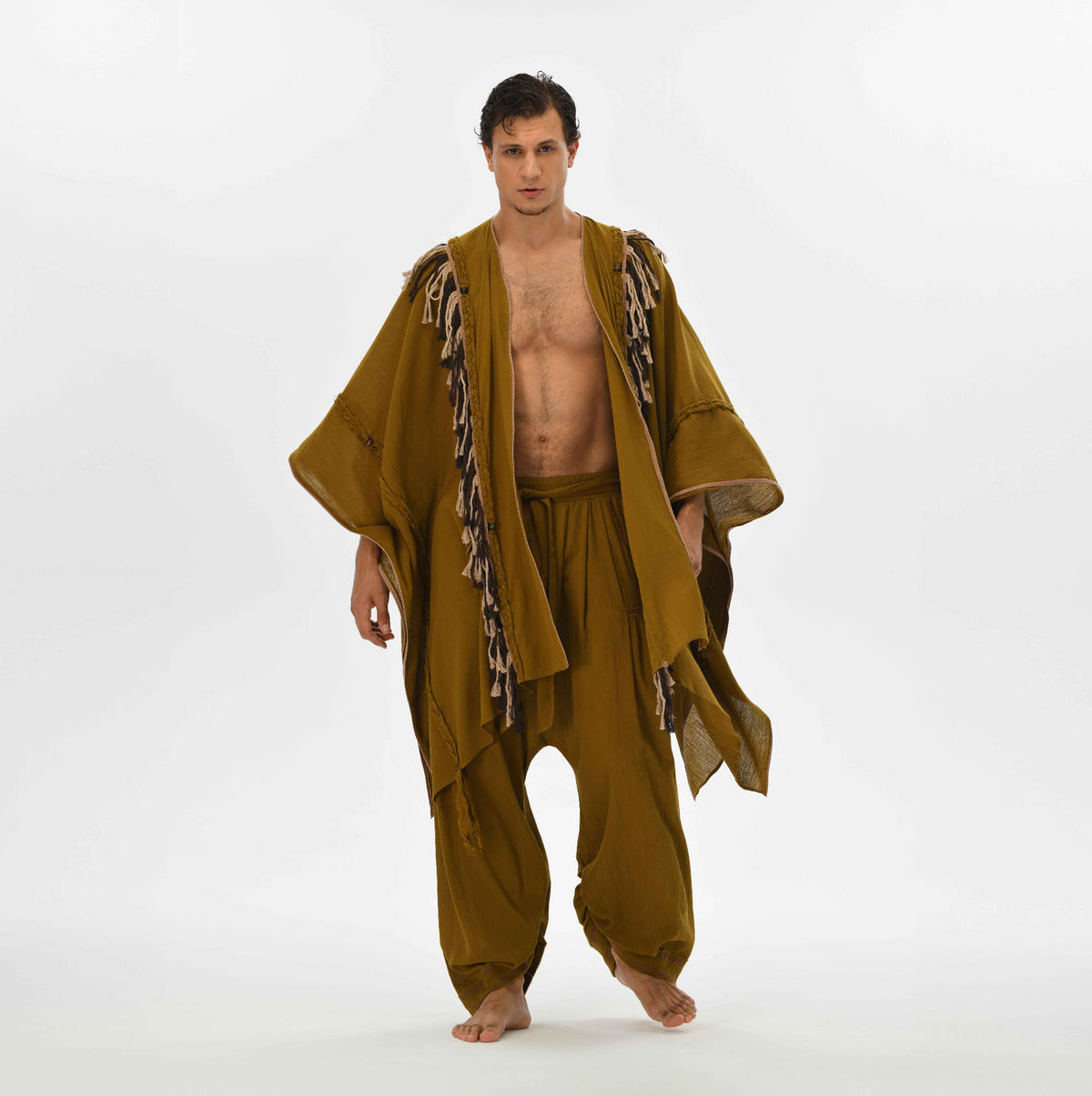 Bohemian men’s poncho in brown, crafted from natural cotton with fringe, perfect for casual wear, festivals, or gypsy-inspired looks.