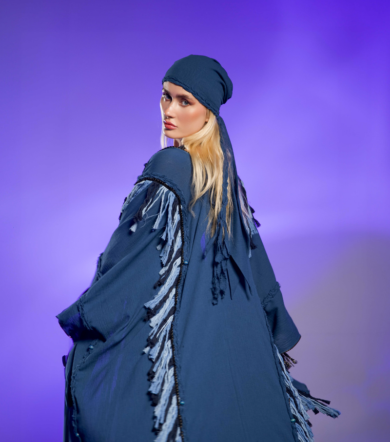 Bohemian kimono poncho in navy blue, featuring fringe and braids, made from organic cotton, ideal for men’s boho chic and shamanic style outfits.