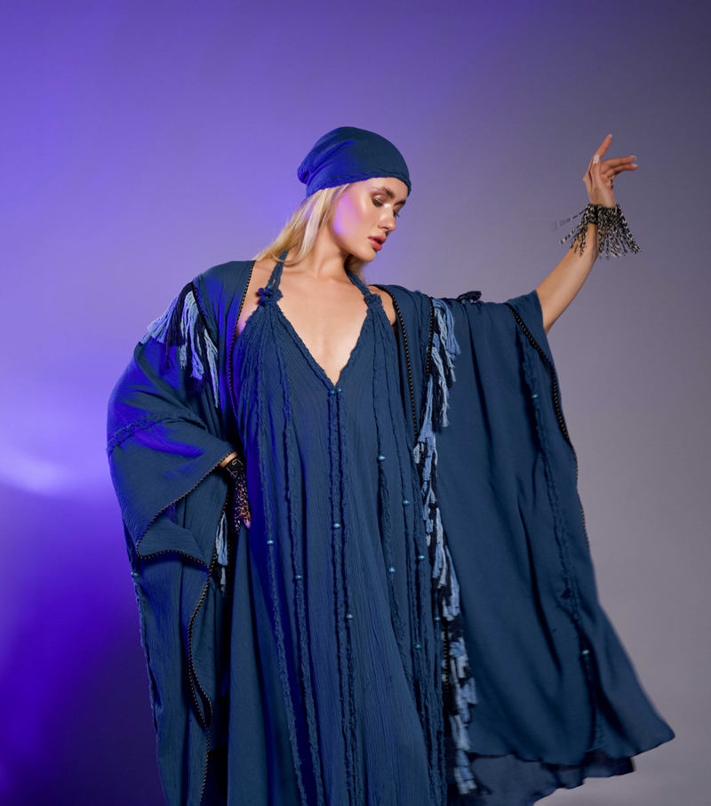 Handmade tassel poncho in navy blue for men, featuring fringe and braids, crafted from organic cotton, perfect for adding a boho touch to your wardrobe.