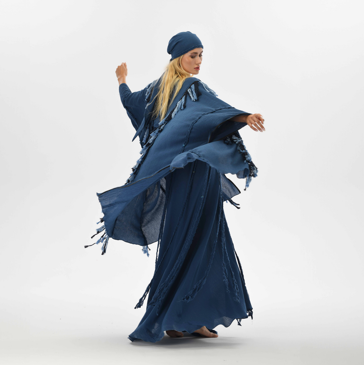 Navy blue boho cape for men, crafted from organic cotton with fringe and braids, ideal for shamanic-inspired layering or bohemian festival outfits.