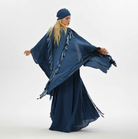 Navy blue shamanic poncho for men, featuring handmade braids and tassels, perfect for casual wear or as a statement piece in boho festival fashion.