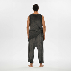 Comfy gray men’s harem pants with elastic waistband, ideal for everyday wear or relaxed boho festival style.