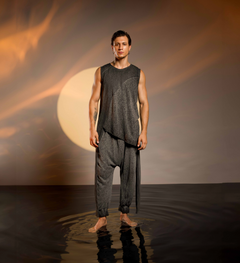 Men’s boho harem pants in charcoal with a relaxed fit, perfect for festival looks, beachwear, or lounging at home.