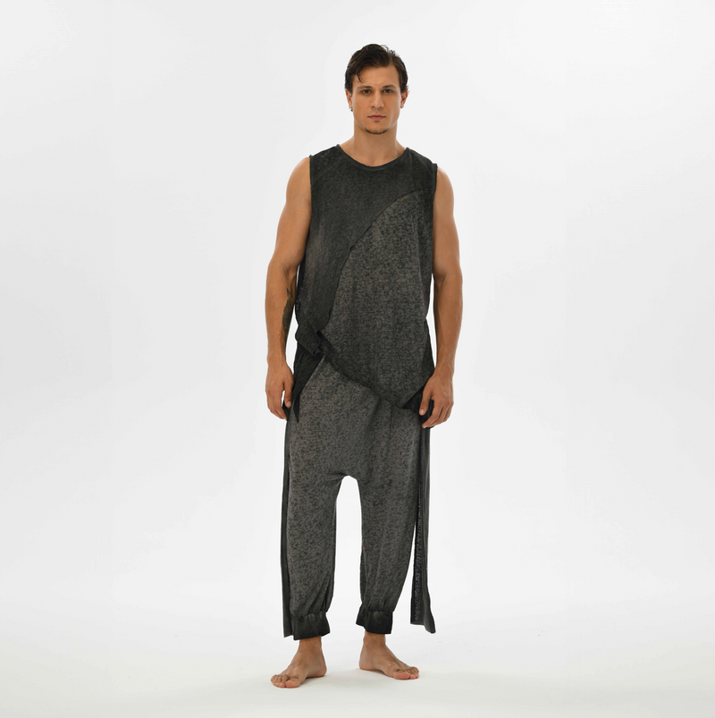 Comfy men’s harem pants in gray, designed with alchemist vibes, perfect for casual outings or boho festivals.