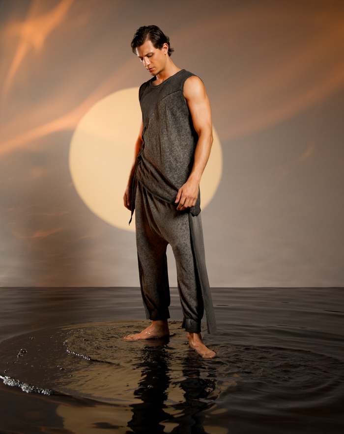 Alchemist-inspired gray harem pants for men, crafted from a linen-cotton blend, perfect for festivals or casual wear.