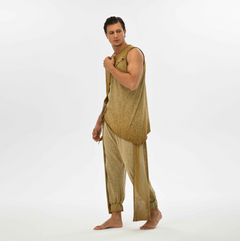 Desert sand men’s loose harem pants, crafted from linen-cotton blend for boho festival looks or relaxed casual wear.