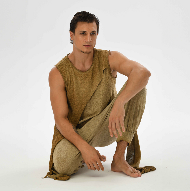 Men’s harem pants with a relaxed fit, made from a linen-cotton blend in desert sand, perfect for casual wear or festivals.