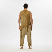 Boho gypsy style men’s harem pants in desert sand, featuring an elastic waistband and breathable linen-cotton fabric.