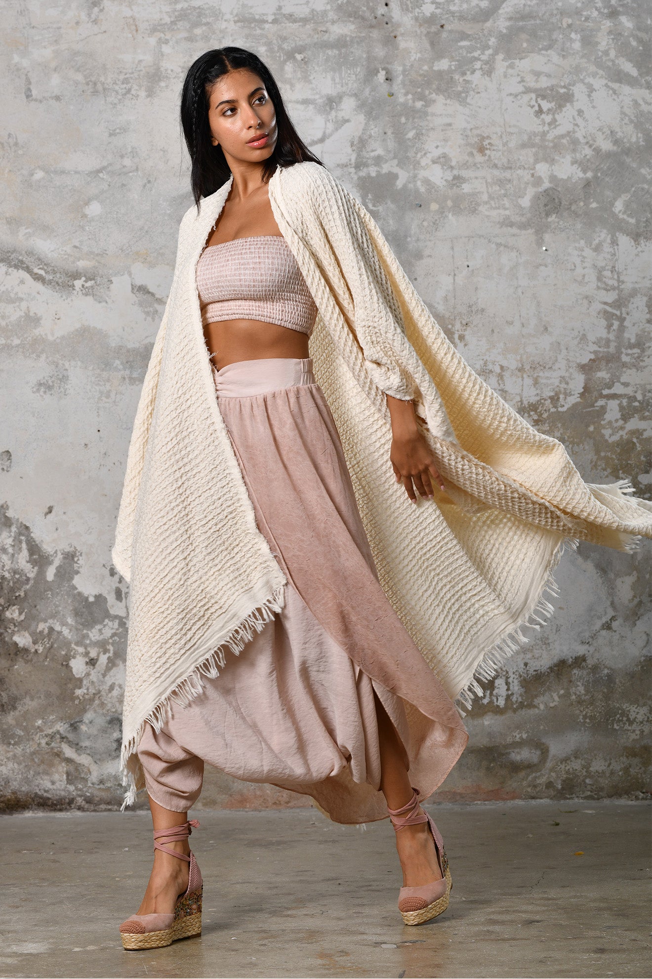 Waffle Poncho in Beige