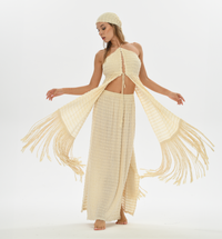 Zaria Fringe Top featuring long fringes and adjustable ties, made from breathable handwoven cotton for boho chic style.