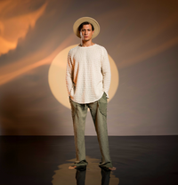 Handwoven cotton men’s long sleeve t-shirt, designed for casual and boho chic style with natural stretch for comfort.