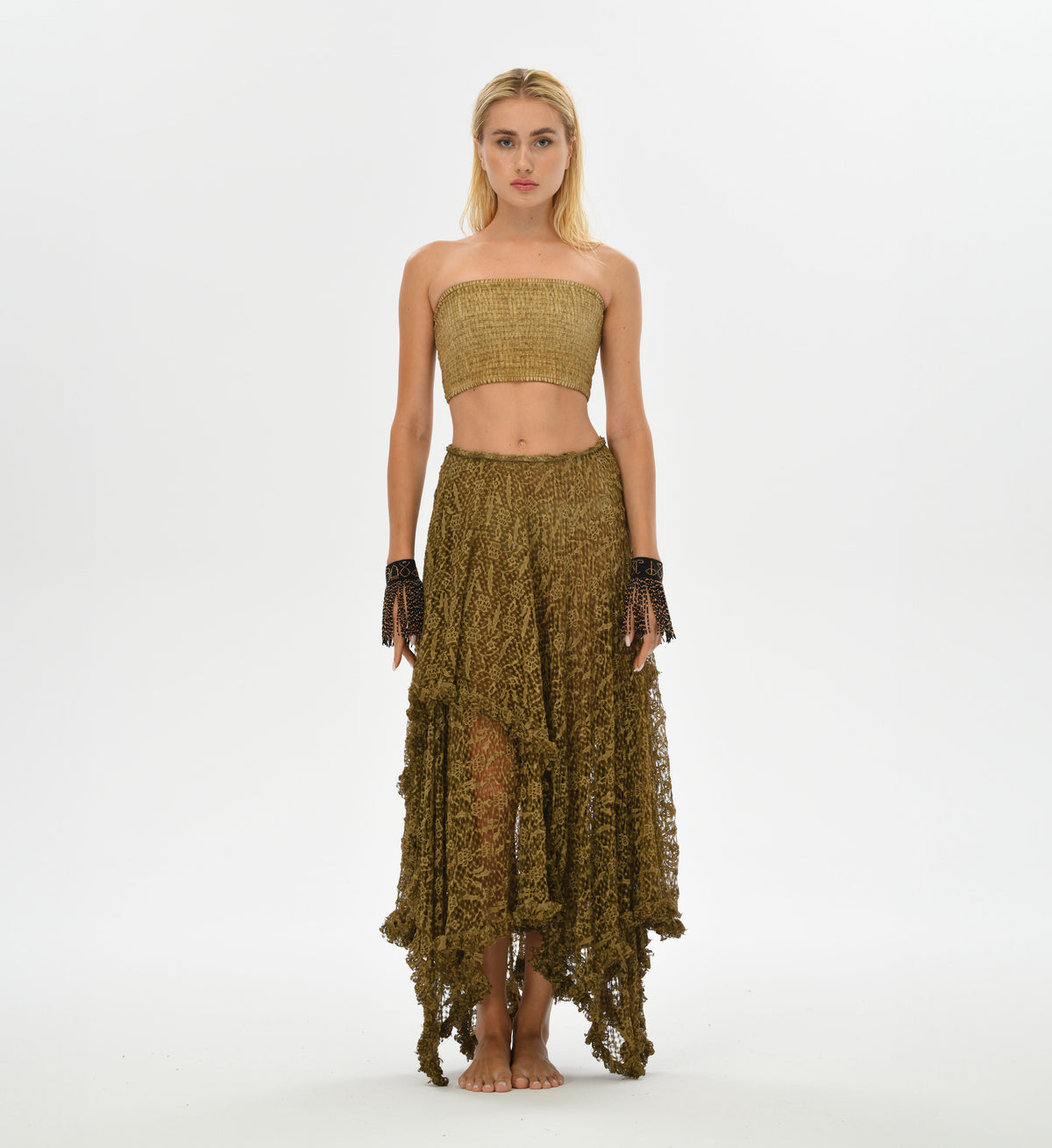 Boho resort skirt in desert sand, made from recycled polyester lace with a see-through design, ideal for beach or casual wear.