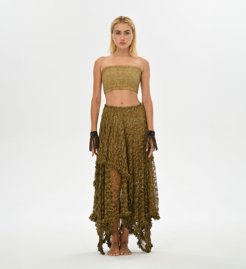 Boho resort skirt in desert sand, made from recycled polyester lace with a see-through design, ideal for beach or casual wear.