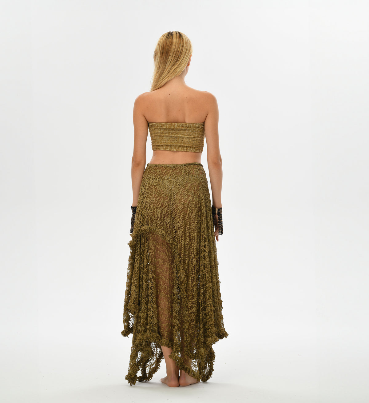 Boho lace skirt for women in desert sand, featuring a flowy layered cut and elastic waist, perfect for beachwear or casual outfits.