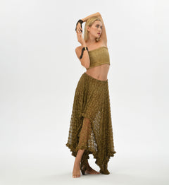 Desert sand lace boho skirt, designed for casual and resort wear with a big flowy cut, made from recycled polyester lace.