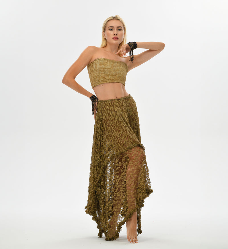 See-through boho lace skirt in desert sand, with a layered design perfect for resort wear or bohemian daily style.