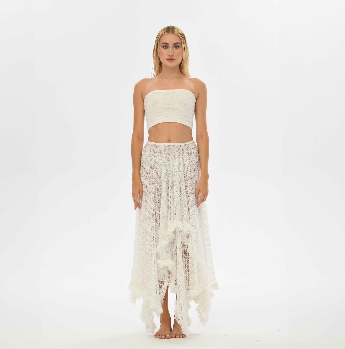 Recycled lace boho skirt in white, featuring a flowy gypsy cut, perfect for resort wear, daily style, or as a boho top.