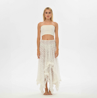 Recycled lace boho skirt in white, featuring a flowy gypsy cut, perfect for resort wear, daily style, or as a boho top.